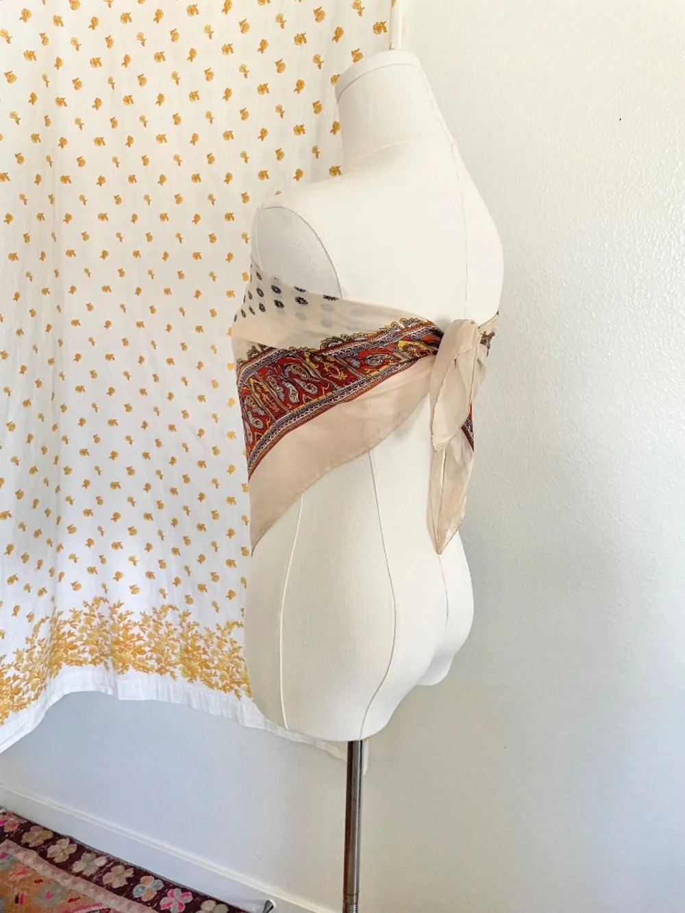 Vintage Beige Orange Paisley Square Scarf 32” Silky Boho Kerchief